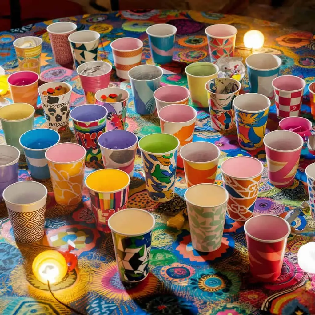 Various designs and colors of disposable cups